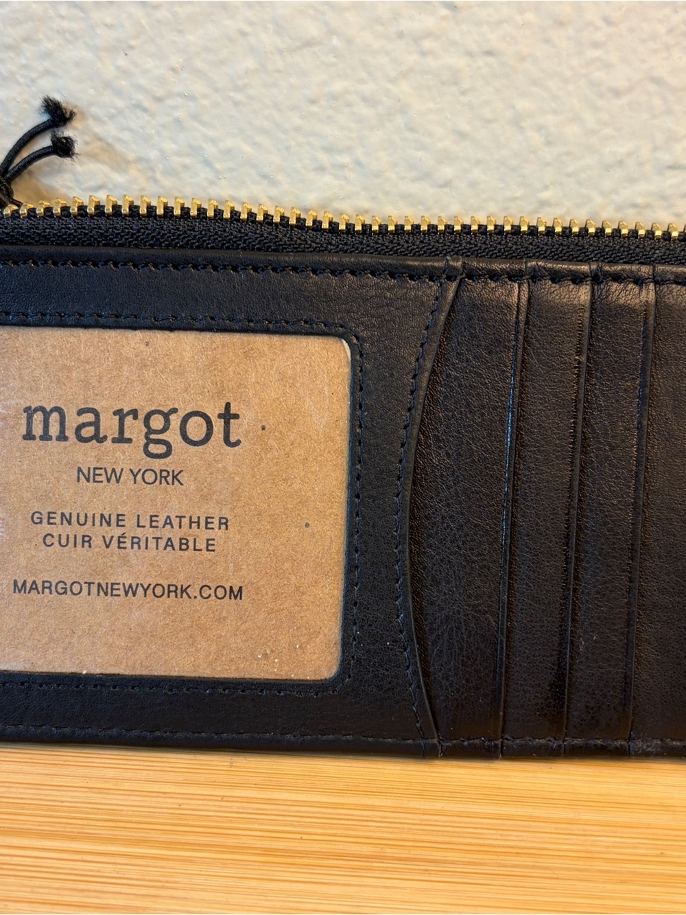 margot Black Leather Zip Card Wallet with Gold Hardware